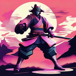 Generate an image of a samurai styled with Y2K aesthetics