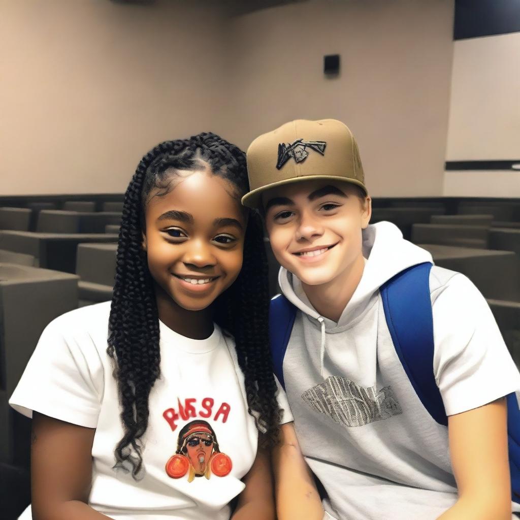 Generate an image of a 19-year-old Marsai Martin and Justin Bieber together