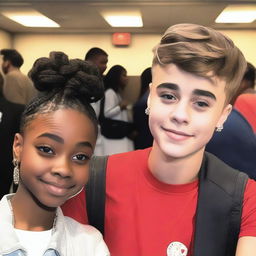 Generate an image of a 19-year-old Marsai Martin and Justin Bieber together