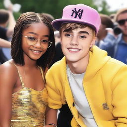 Generate an image of a 19-year-old Marsai Martin and Justin Bieber together