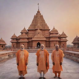 A golden and elaborately detailed Ram Mandir in Ayodhya under a serene sunrise. Prime Minister Modi and Chief Minister Yogi Adityanath are present, clad in traditional attire, respectful and serene.