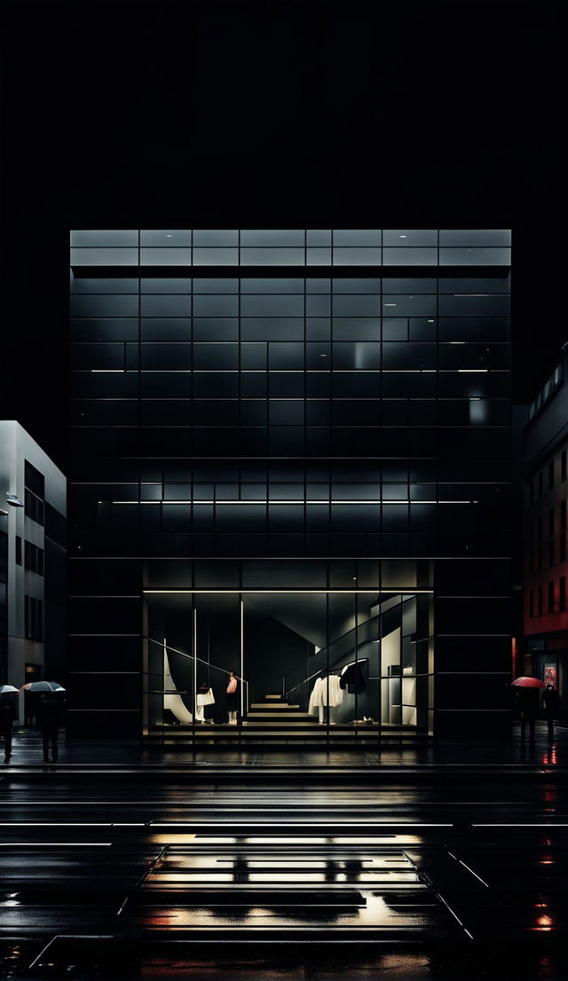 A photorealistic image of a minimalistic retail shop facade in semi-glossy black, with geometric patterns