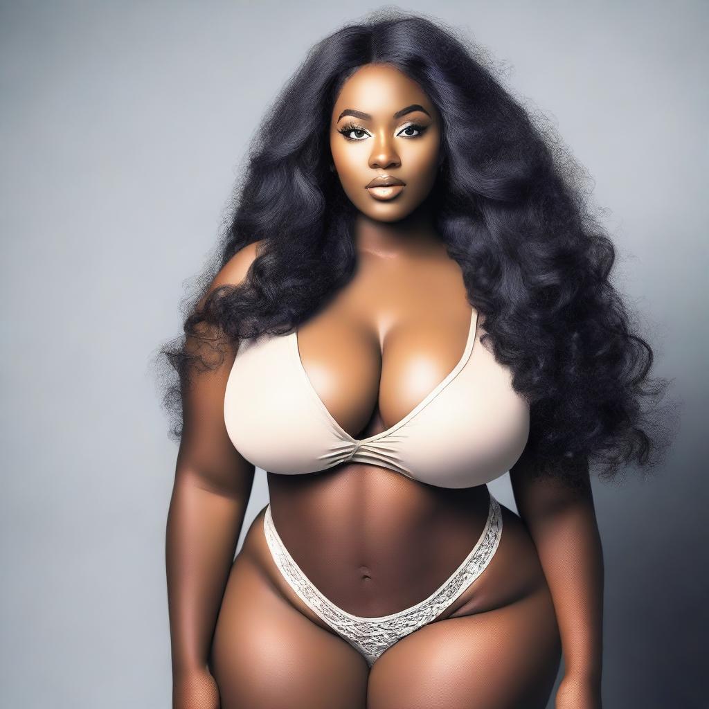 Create an image of a black woman with a cute face, big breasts, and long hair