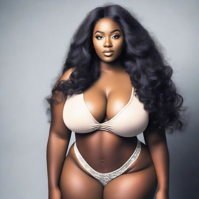 Create an image of a black woman with a cute face, big breasts, and long hair