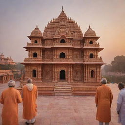 A golden and elaborately detailed Ram Mandir in Ayodhya under a serene sunrise. Prime Minister Modi and Chief Minister Yogi Adityanath are present, clad in traditional attire, respectful and serene.