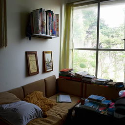 A cozy 10x10 room of a married UPSC aspirant, filled with numerous books. There's a single mini bed, a comfortable sofa and a study table. Elements hinting a shared living based on the presence of his wife.