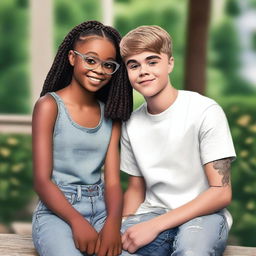 Generate a photorealistic image of a 19-year-old Marsai Martin and Justin Bieber