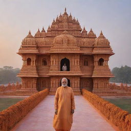 A golden and elaborately detailed Ram Mandir in Ayodhya under a serene sunrise. Prime Minister Modi and Chief Minister Yogi Adityanath are present, clad in traditional attire, respectful and serene.