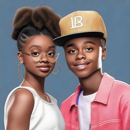 Generate a photorealistic image of a 19-year-old Marsai Martin and a 29-year-old Justin Bieber