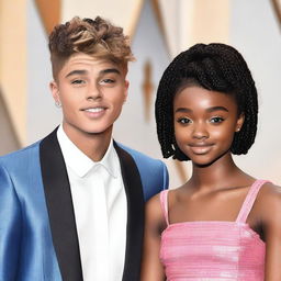 Generate a photorealistic image of a 19-year-old Marsai Martin and a 29-year-old Justin Bieber