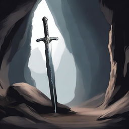 A sharp, gleaming sword is firmly planted in the ground