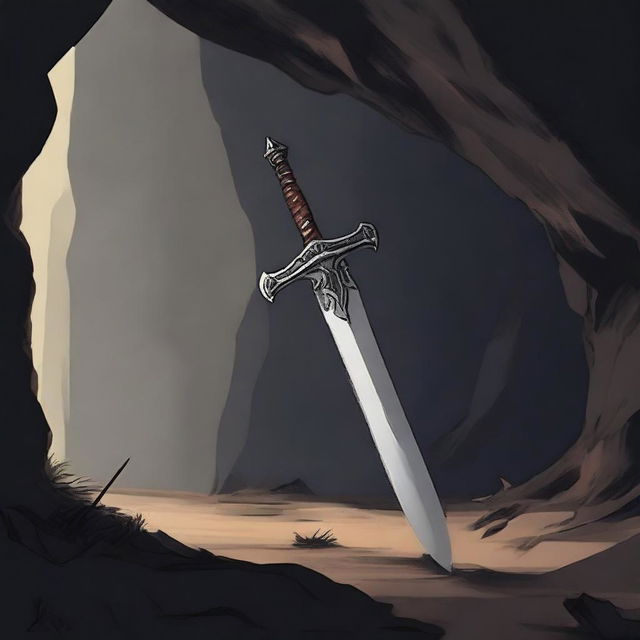 A sharp, gleaming sword is firmly planted in the ground