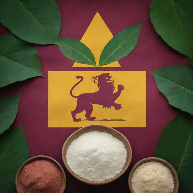 An image comprising the Sri Lanka flag featuring the lion symbol, cassava plants with lush green leaves and predominance of white cassava starch in bowls. Blend of the national colors maroon and yellow with the earthy tones of cassava.