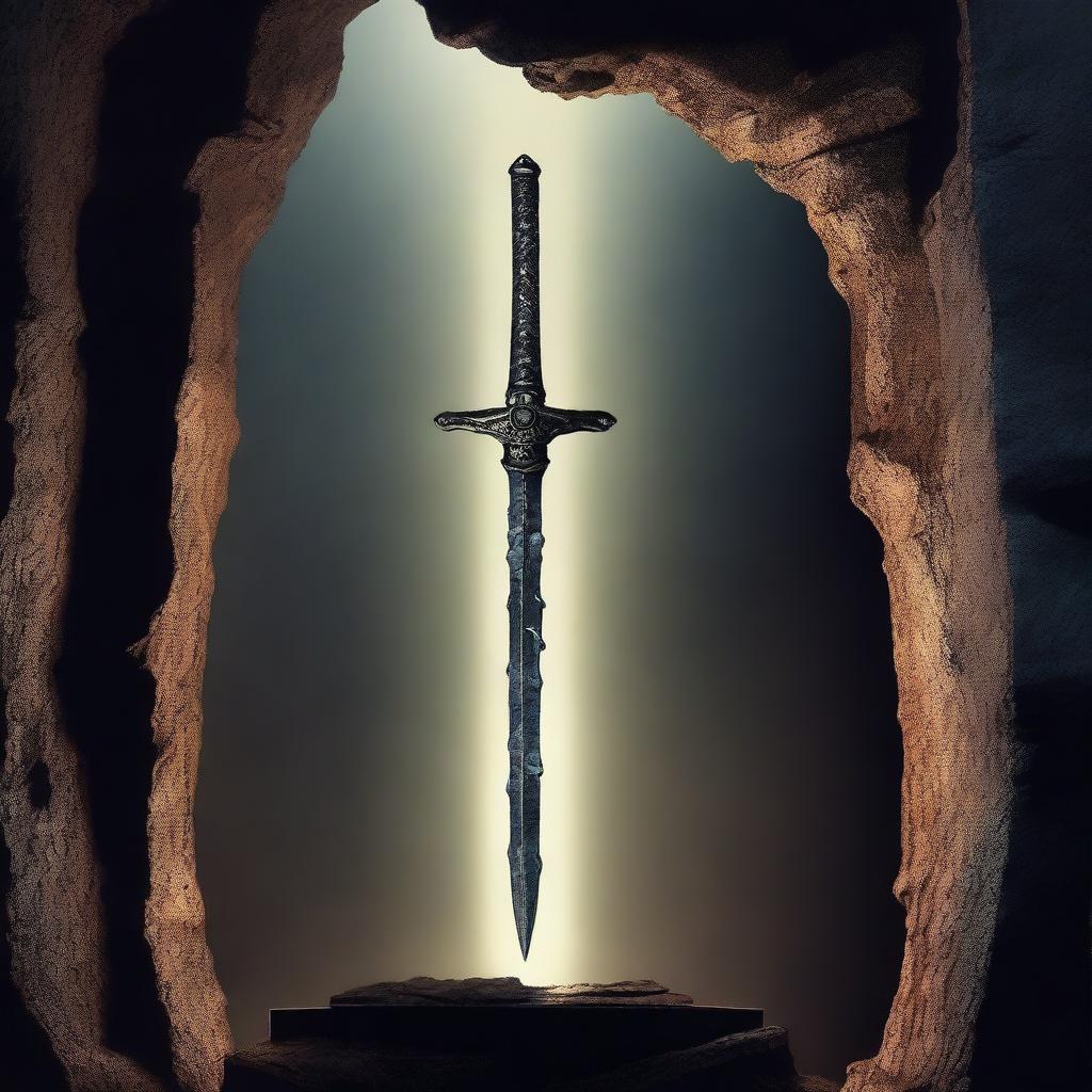 A majestic sword is floating in mid-air above a stone pedestal