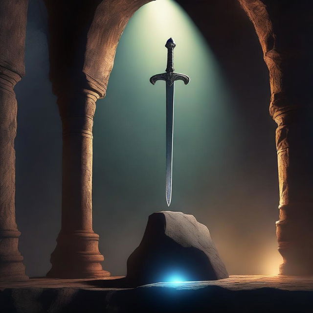 A majestic sword is floating in mid-air above a stone pedestal