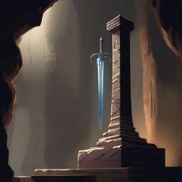 A majestic sword is floating in mid-air above a stone pedestal