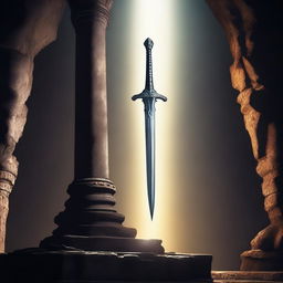 A majestic sword is floating in mid-air above a stone pedestal