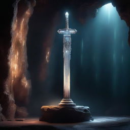 A mystical sword, glimmering with an ethereal light, floats over a stone pedestal