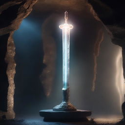 A mystical sword, glimmering with an ethereal light, floats over a stone pedestal