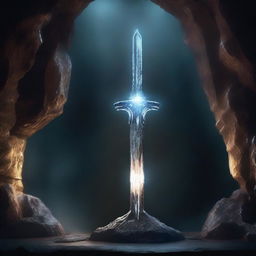 A mystical sword, glimmering with an ethereal light, floats over a stone pedestal