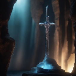 A mystical sword, glimmering with an ethereal light, floats over a stone pedestal