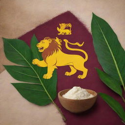 An image comprising the Sri Lanka flag featuring the lion symbol, cassava plants with lush green leaves and predominance of white cassava starch in bowls. Blend of the national colors maroon and yellow with the earthy tones of cassava.