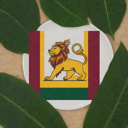 An image comprising the Sri Lanka flag featuring the lion symbol, cassava plants with lush green leaves and predominance of white cassava starch in bowls. Blend of the national colors maroon and yellow with the earthy tones of cassava.