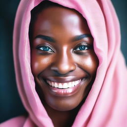 Generate an image of a happy African woman with blue eyes and thick dark lips