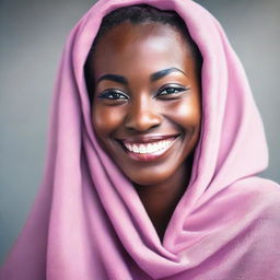 Generate an image of a happy African woman with blue eyes and thick dark lips