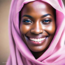 Generate an image of a happy African woman with blue eyes and thick dark lips