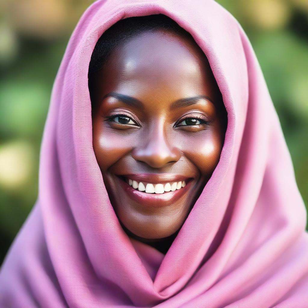 Generate an image of a happy African woman with blue eyes and thick dark lips