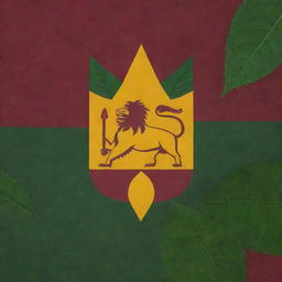 An image comprising the Sri Lanka flag featuring the lion symbol, cassava plants with lush green leaves and predominance of white cassava starch in bowls. Blend of the national colors maroon and yellow with the earthy tones of cassava.