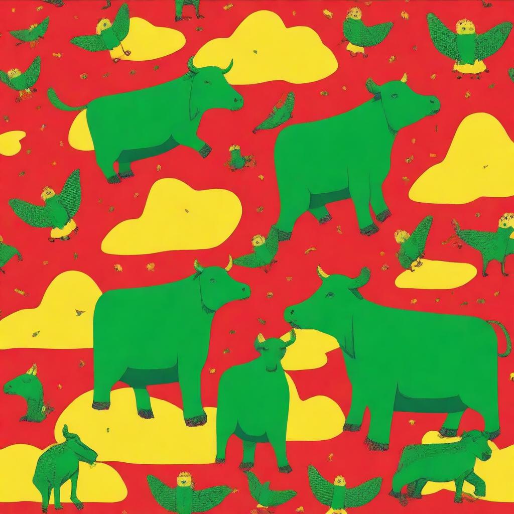 Generate an image featuring green cows on red tigers, with yellow owls flying above them