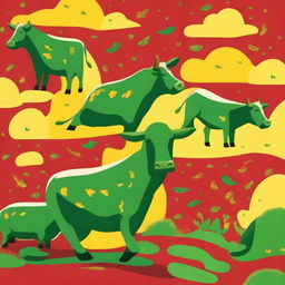 Generate an image featuring green cows on red tigers, with yellow owls flying above them