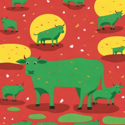 Generate an image featuring green cows on red tigers, with yellow owls flying above them