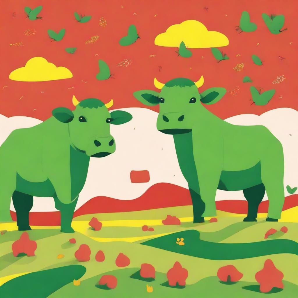 Generate an image featuring green cows on red tigers, with yellow owls flying above them