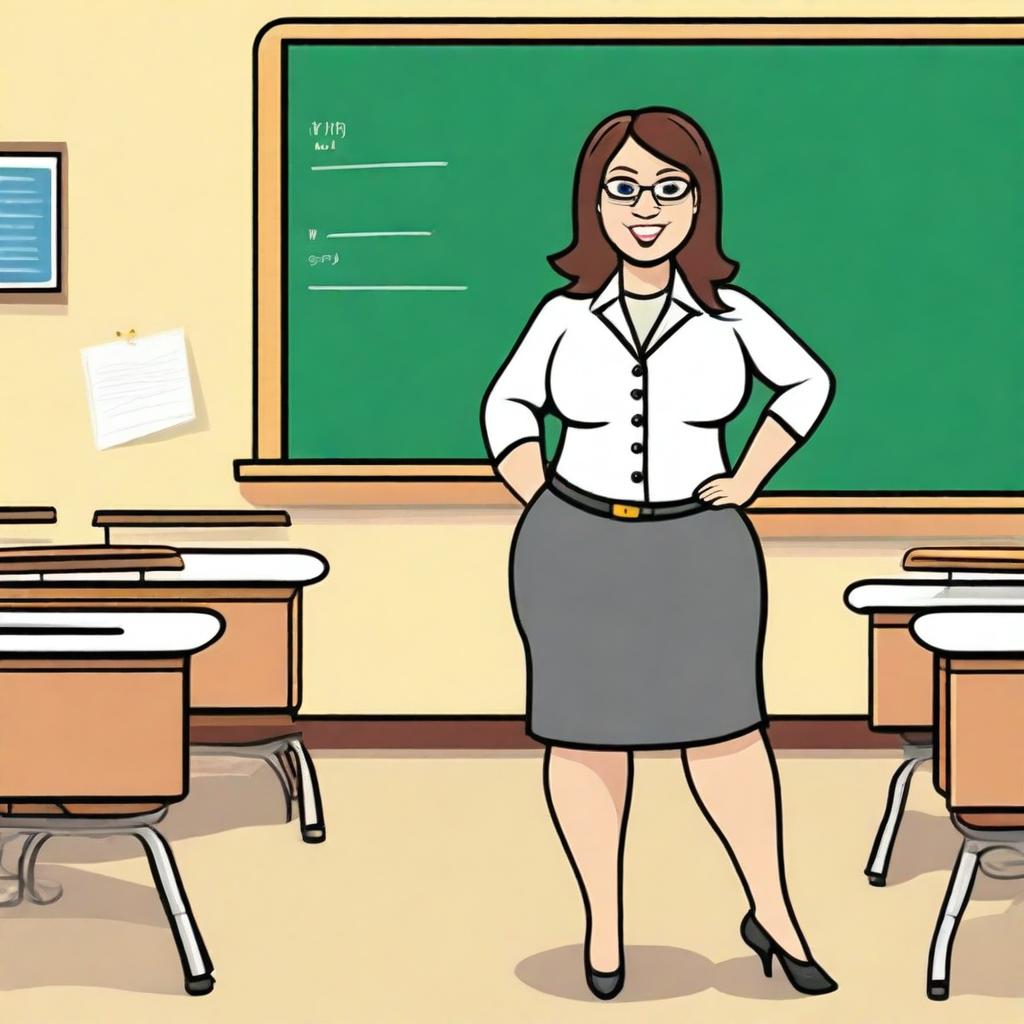 Generate an image of a curvy teacher in a classroom setting