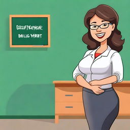 Generate an image of a curvy teacher in a classroom setting