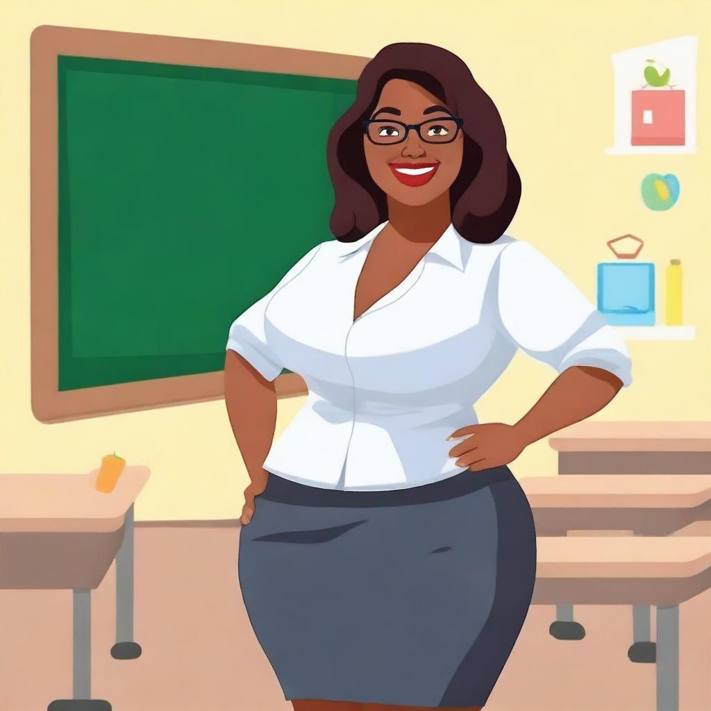 Generate an image of a curvy teacher in a classroom setting