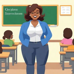 Generate an image of a curvy teacher in a classroom setting