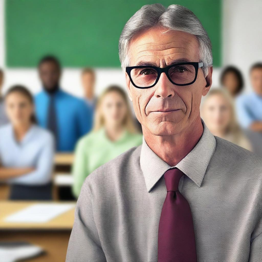 Create a realistic 4K image of a teacher who appears to be hypnotized