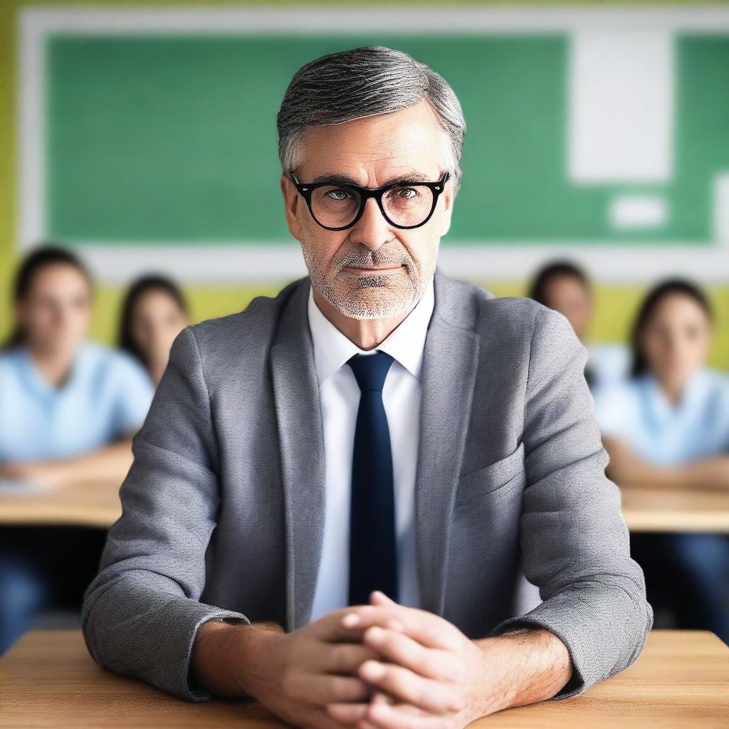 Create a realistic 4K image of a teacher who appears to be hypnotized