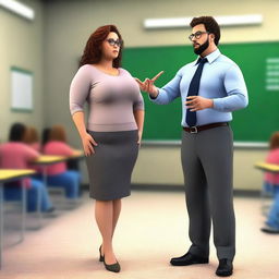 Create a realistic 4K image of a teacher with a curvy figure who appears to be hypnotized