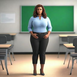 Create a realistic 4K image of a teacher with a curvy figure who appears to be hypnotized