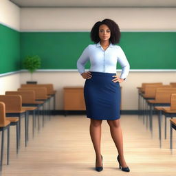 Create a realistic 4K image of a teacher with a curvy figure who appears to be hypnotized