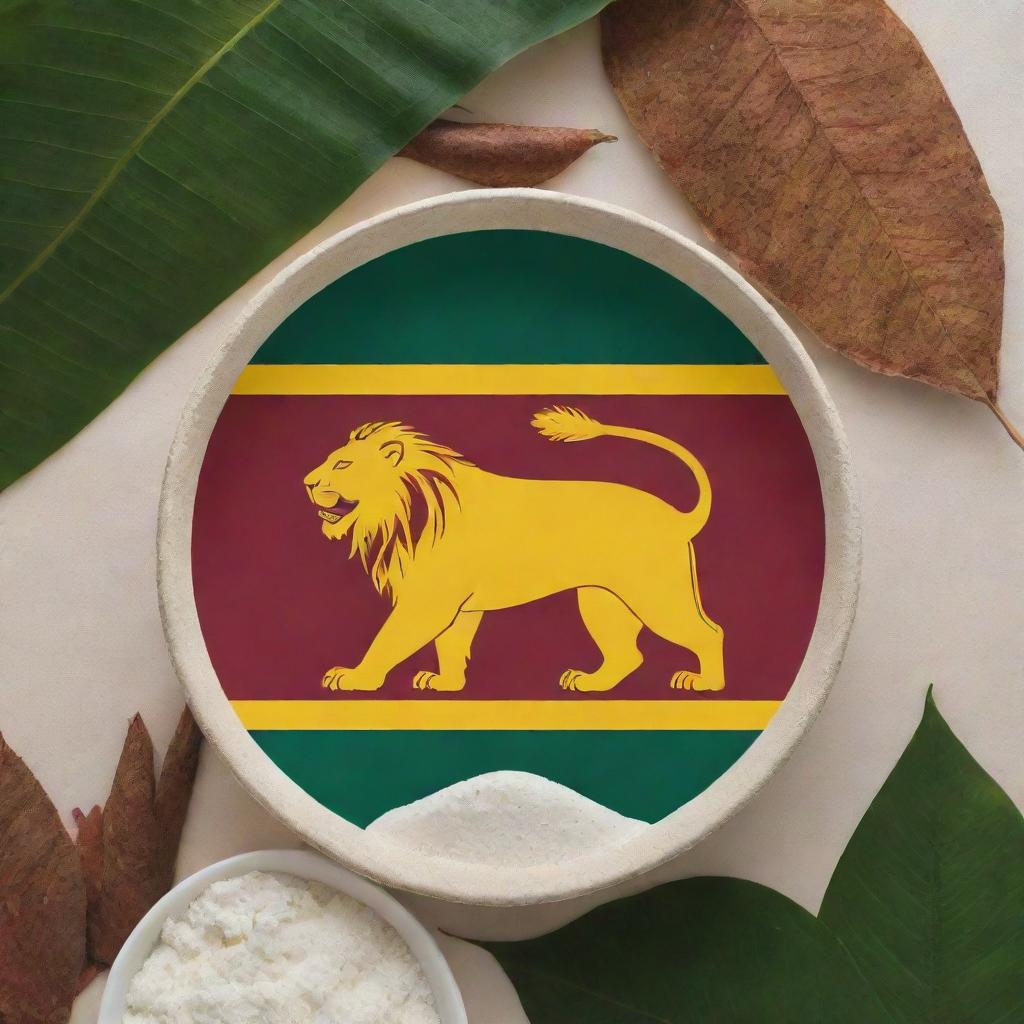 Image featuring the Sri Lanka flag and its lion symbol accompanied by cassava plants and a large, central bowl overflowing with white cassava starch. Rich hues of the flag's colors, maroon, yellow, and green, contrast with the starch's stark whiteness.