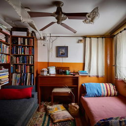 A cozy 10x10 room of a married UPSC aspirant, filled with numerous books. There's a single mini bed, a comfortable sofa and a study table. Elements hinting a shared living based on the presence of his wife.