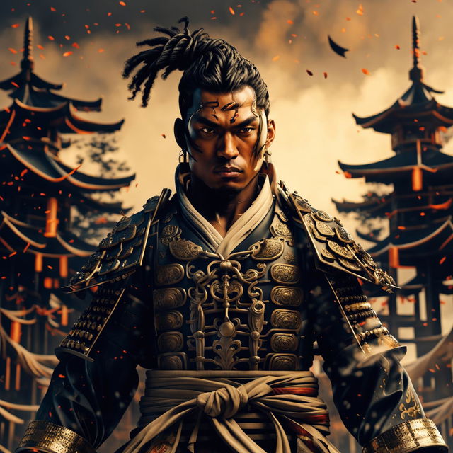 A photorealistic image of an African American samurai in full armor, wielding a katana, with a serious expression on his face