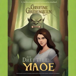 Create an image of a book cover featuring a large, handsome ogre with brown hair and big fangs