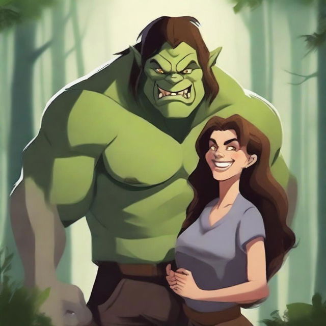 Create an image of a book cover featuring a large, handsome ogre with brown hair and big fangs